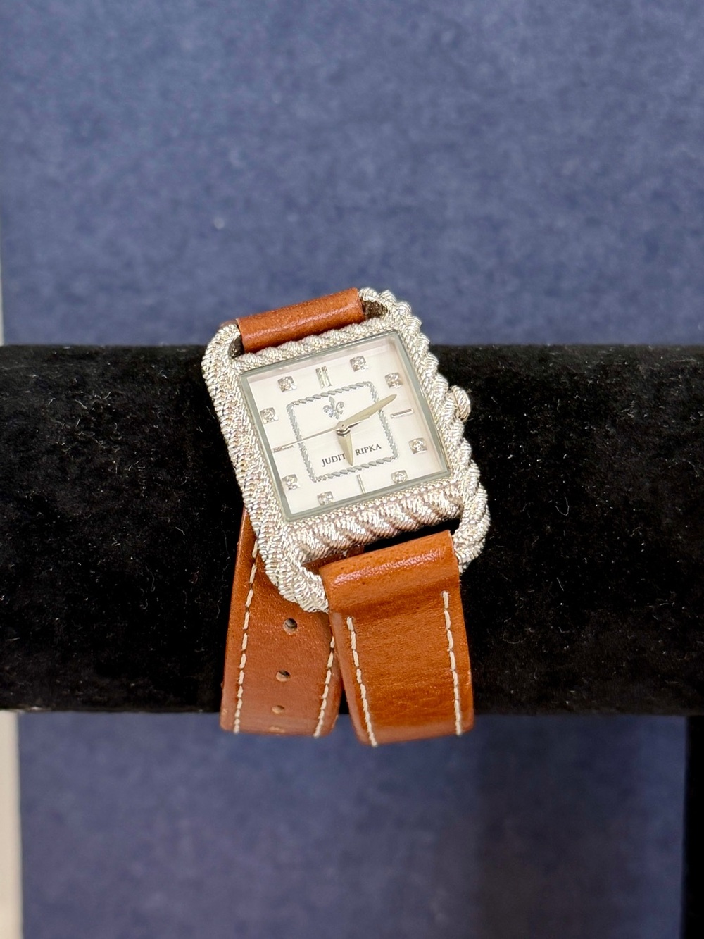 JUDITH RIPKA Stainless Steel Silver Cable Twist Brown Leather Wrap Watch